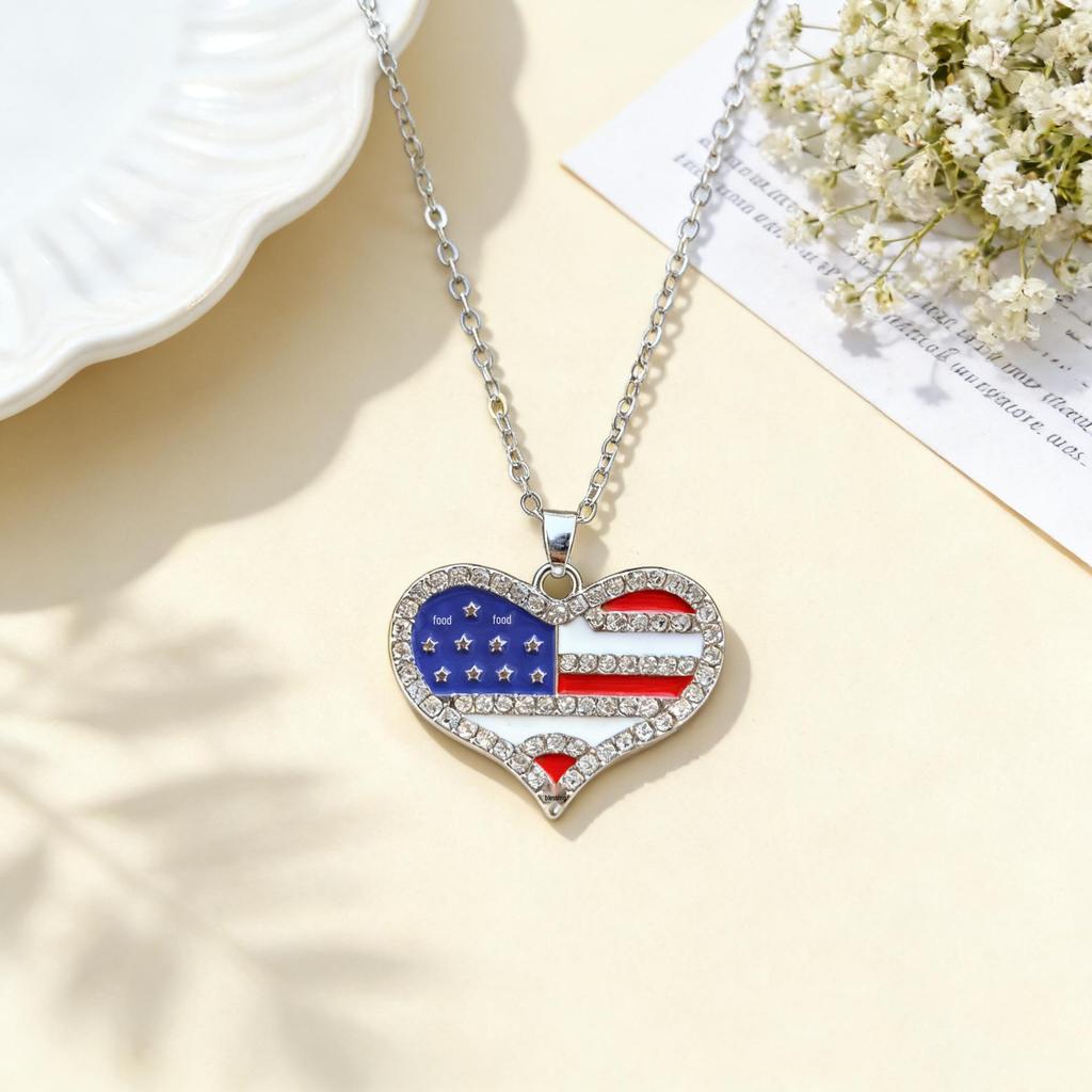 US Independence Day Rhinestone Flag Pendant Necklace - Red, White, Blue