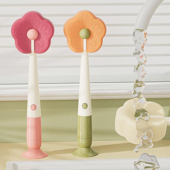 Cleaning Brush with Suction Cup Base Removable Flower Sponge Head Three-in-One Functions Multi-functional Cleaning Brush