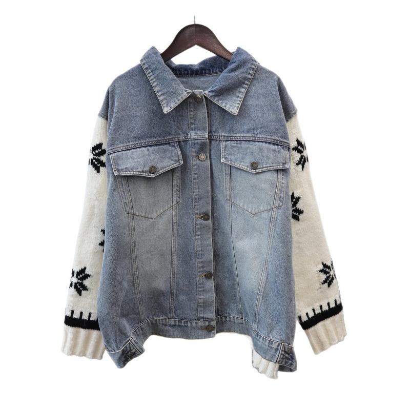 Autumn and winter new splicing denim sweater jacket design sense loose casual knitted cardigan women