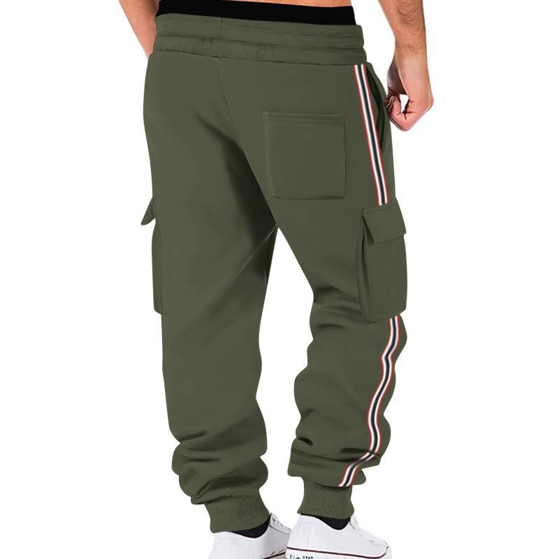 Men Cargo Jogger Sweatpants, Elastic Drawstring Waist Side Flap Cargo Pockets Stripe Seam Ribbed Ankle Cuffs Soft Fleece Casual Athletic Trousers