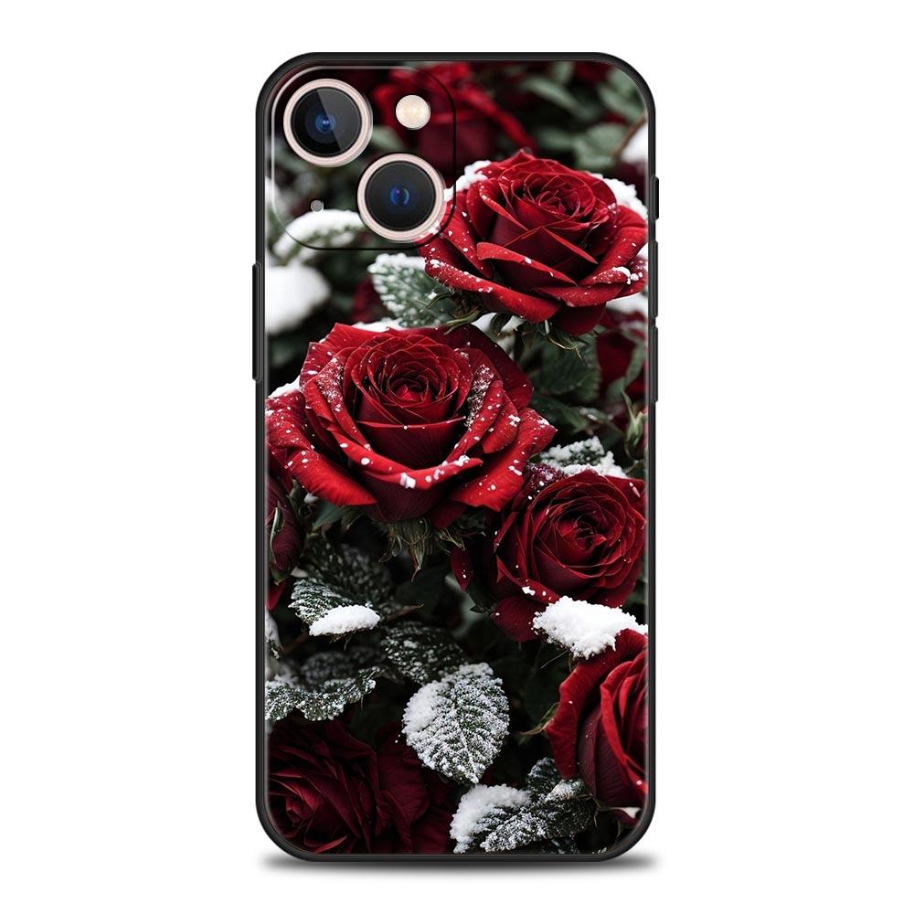 Luxury Phone Case For Apple iPhone 11 15 14 Pro MAX 12 13 7 8 Plus X XR XS MAX SE Black Cover Funda Beautiful Red Rose Flowers