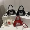 Bag women's new bowling bag fashionable oily leather splicing contrasting color digital decoration portable women's handbag