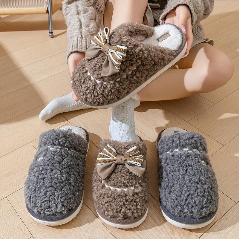 New winter women's wool roll butterfly cotton slippers warm indoor home non-slip fluffy slippers