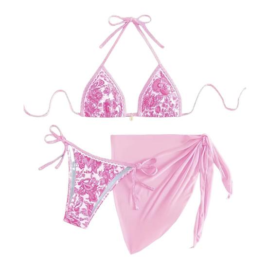 3Pcs/Set Swimsuit Set Halter Chest Pads No Steel Support Bra Swimming Briefs Cover Up