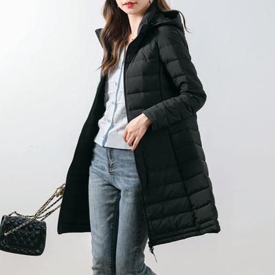 Women's 90% Down Solid Color Hooded Seamless Down Jacket, Mid-Length Plus Size Coat