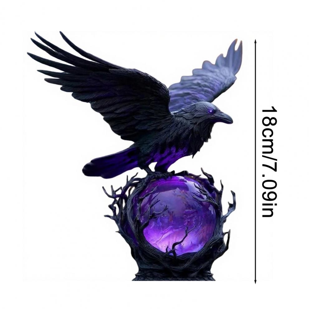 Gothic Raven LED Lamp Hand-Crafted Sculpture on Purple Glow Sphere Mysterious Decor for Desk Night Light