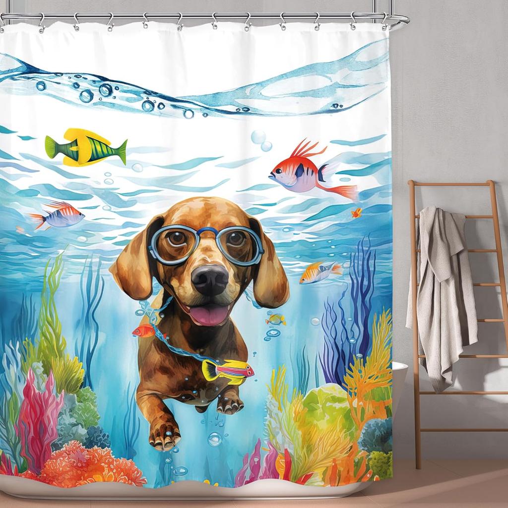 Kids Dachshund Dog Shower Curtain – Nautical Ocean Theme with Fish, Turtle, Coral & Anchor, Cute Blue Fabric Decor,