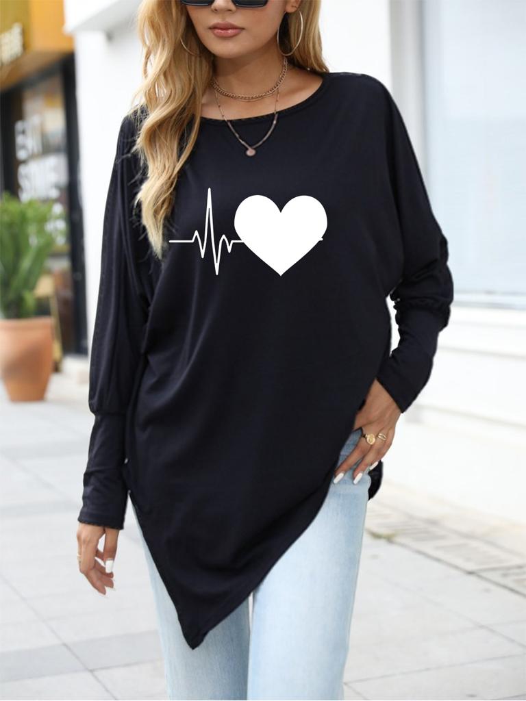 Women's Oversize Long-Sleeve Spring/Fall Asymmetrical Hem T-Shirt Fashion Printed Logn Sleeve Top