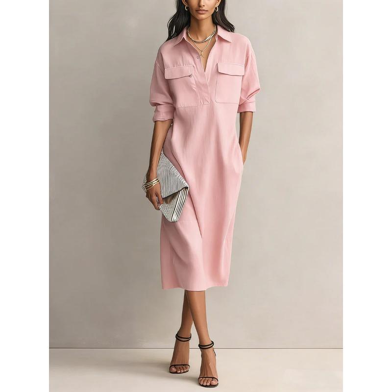 QICED Fashion Summer Spring Solid Color Print V-Neck Casual Dresses