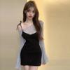 Korean Dongdaemun Autumn/Winter Off-Shoulder Elegant Patchwork Slanted Neck Slim Fit Dress
