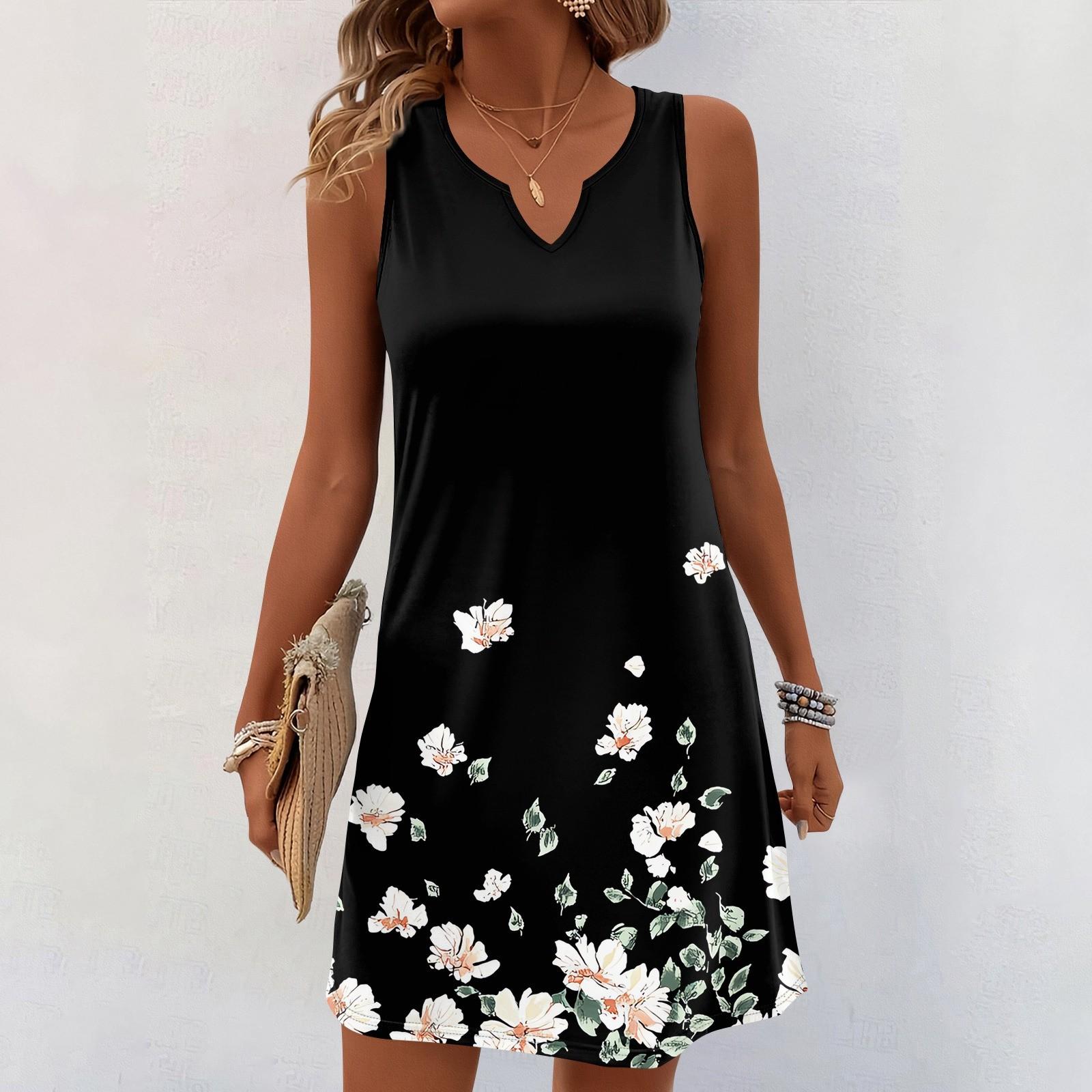 

Женские летние платья с V-образным вырезом и принтом без рукавов Сарафан Повседневное платье L чёрный