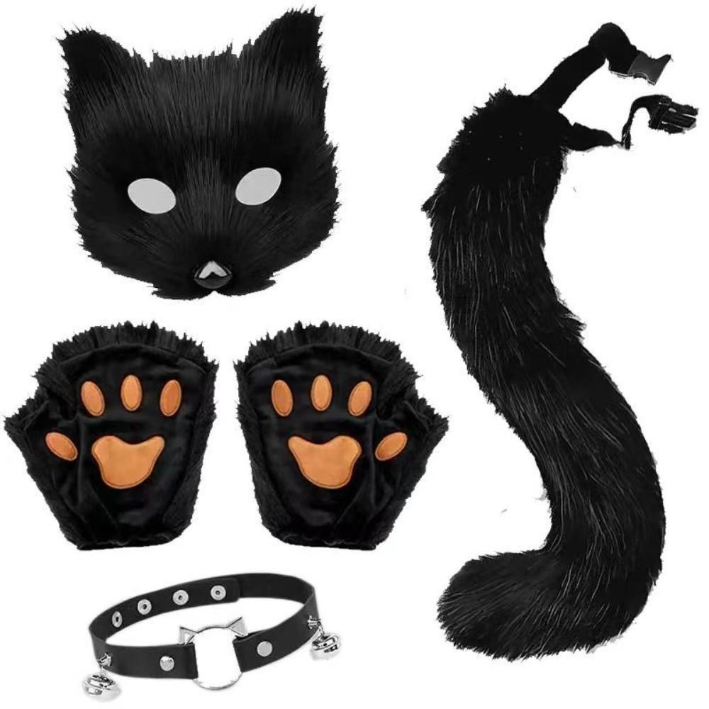 Faux Fur Animal Costume Set Funny Tail Mask Paw Gloves Full Set Plush Cosplay Mask Halloween