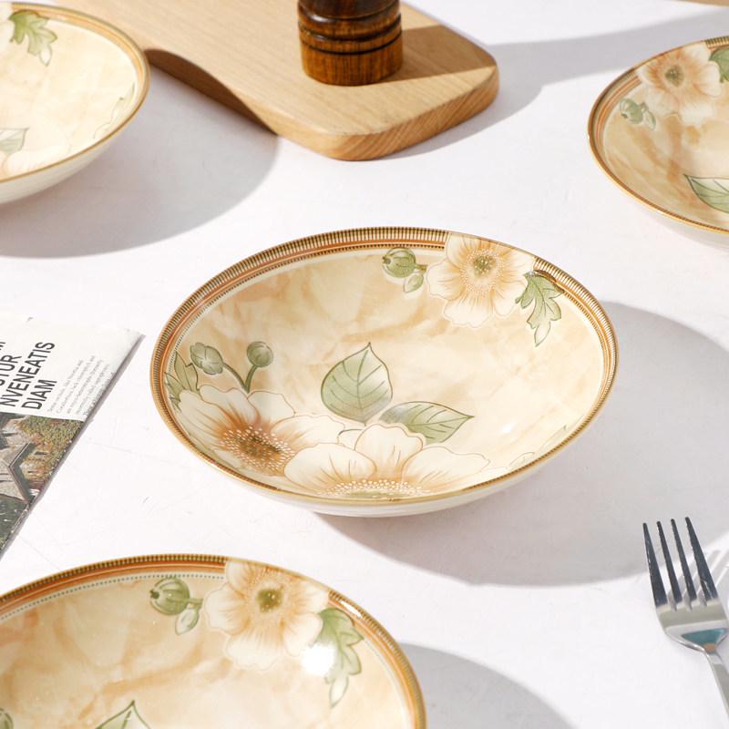 Set of 6 Ceramic Jasmine Flower Soup Plates - Underglaze Color Tableware.