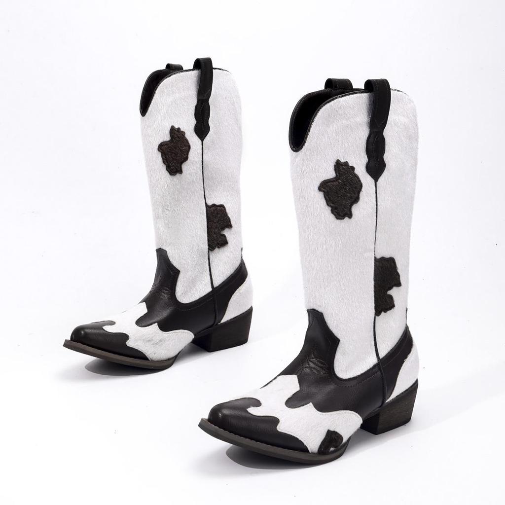 Fashionable Plus-Size Embroidered Mid-Calf Women's Boots: Pointed Toe, Chunky Heel, Sizes 35-46
