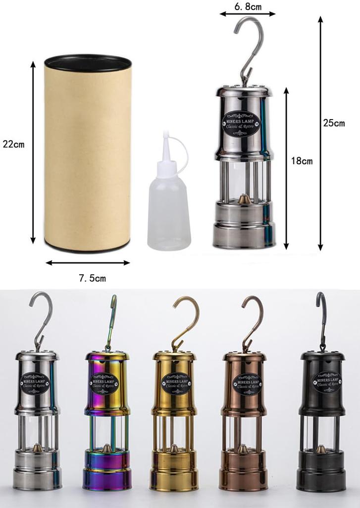 Oil Lantern, Kerosene Lamp, Candle Lamp, Fuel-Powered Camping Lantern, Hand Lantern, Outdoor Light, Vintage Mining Lamp (Gold)