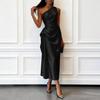 European and American Summer High Elastic Satin Sleeveless Slanted Shoulder Waist Medium and Long Dress Elegant Evening Dress