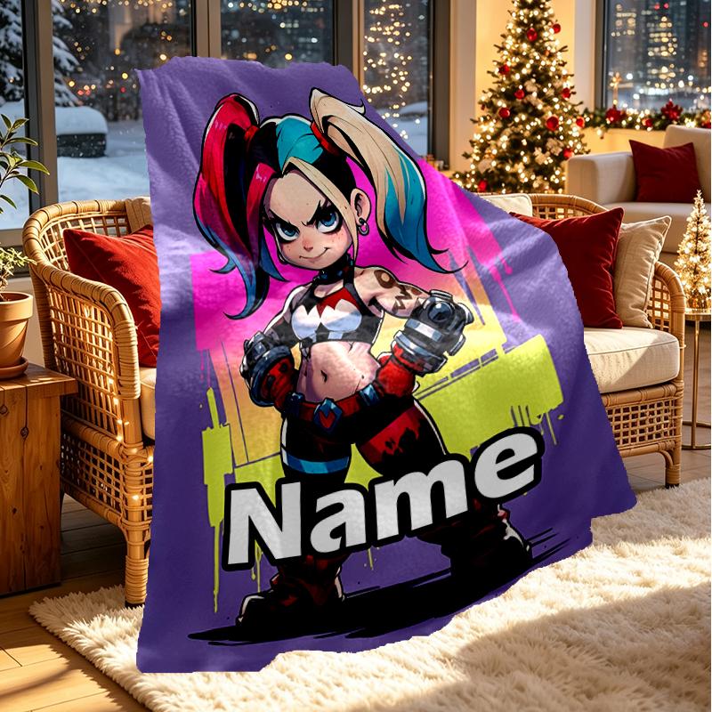Custom Name Personalized Harley Quinn Joker Print Blanket, Home Decor, Bedroom, Sofa, Camping, Couch, Gifts for Birthday Christmas