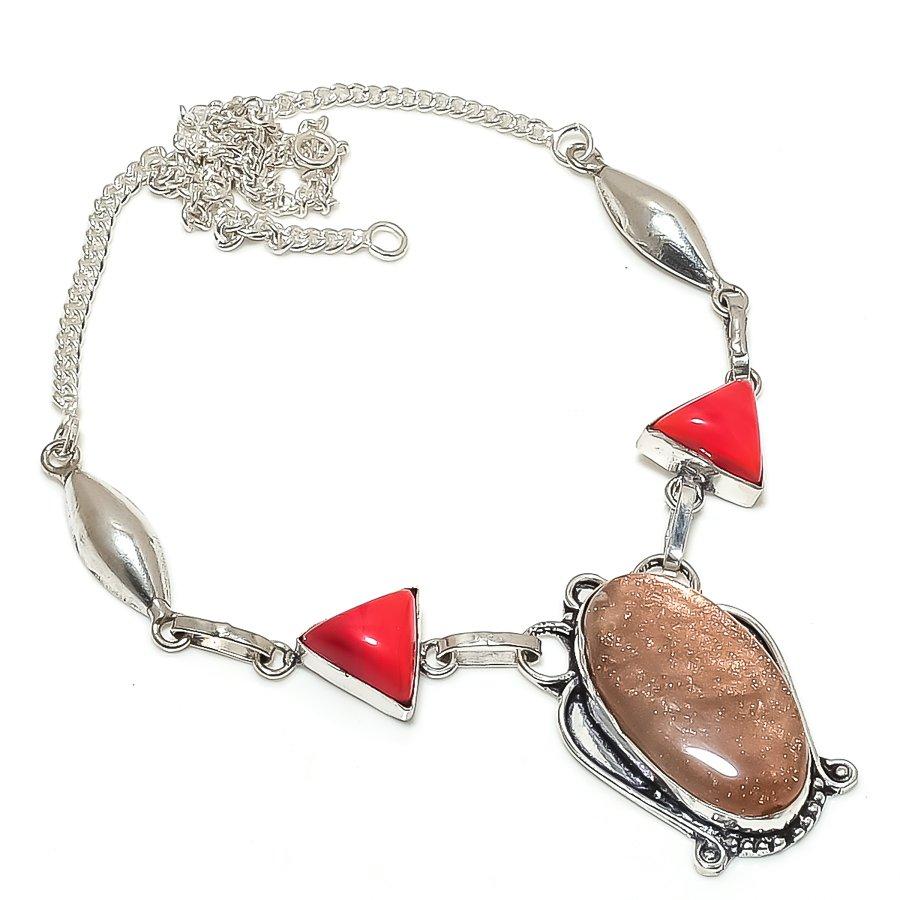 Sunsheen Obsidian, Coral Gemstone 925 Sterling Silver Jewelry Necklace 18"