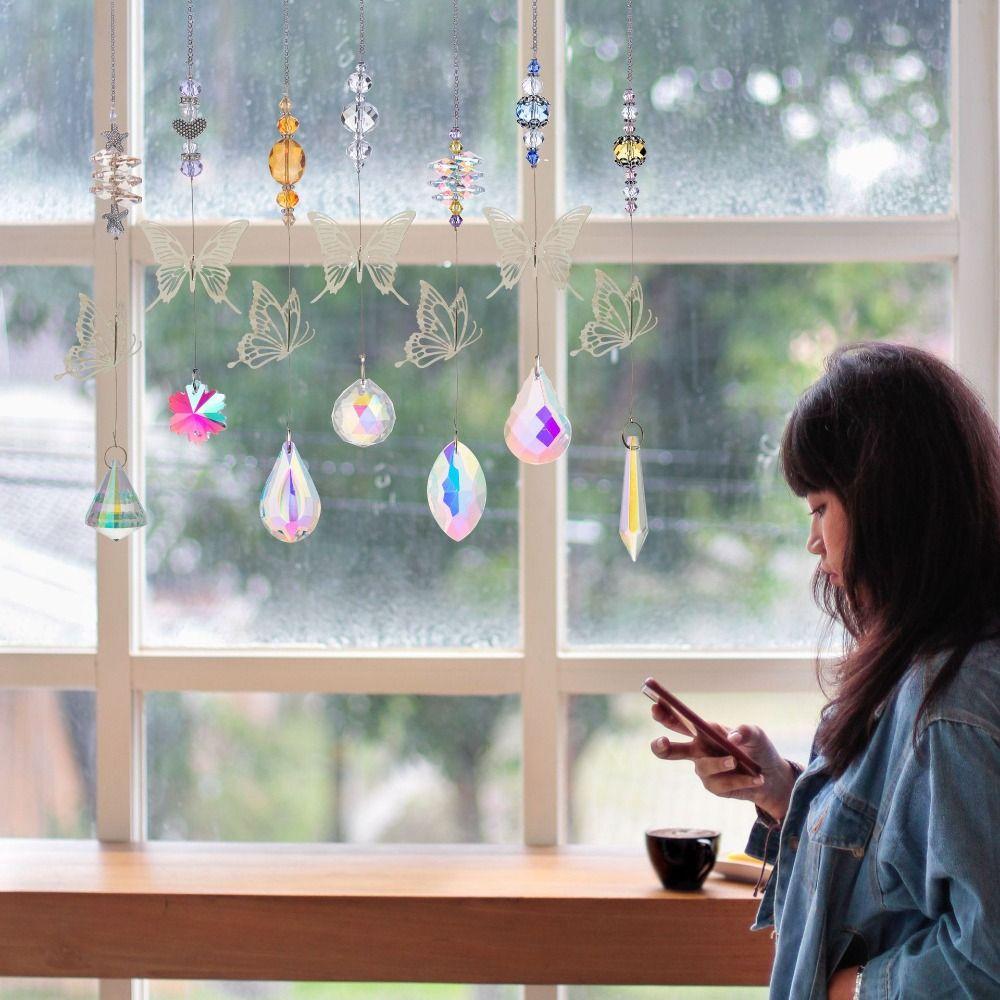 7Pcs Coloured Crystal Suncatcher Hanging Light Collection Pendant Wind Chime  Landscape