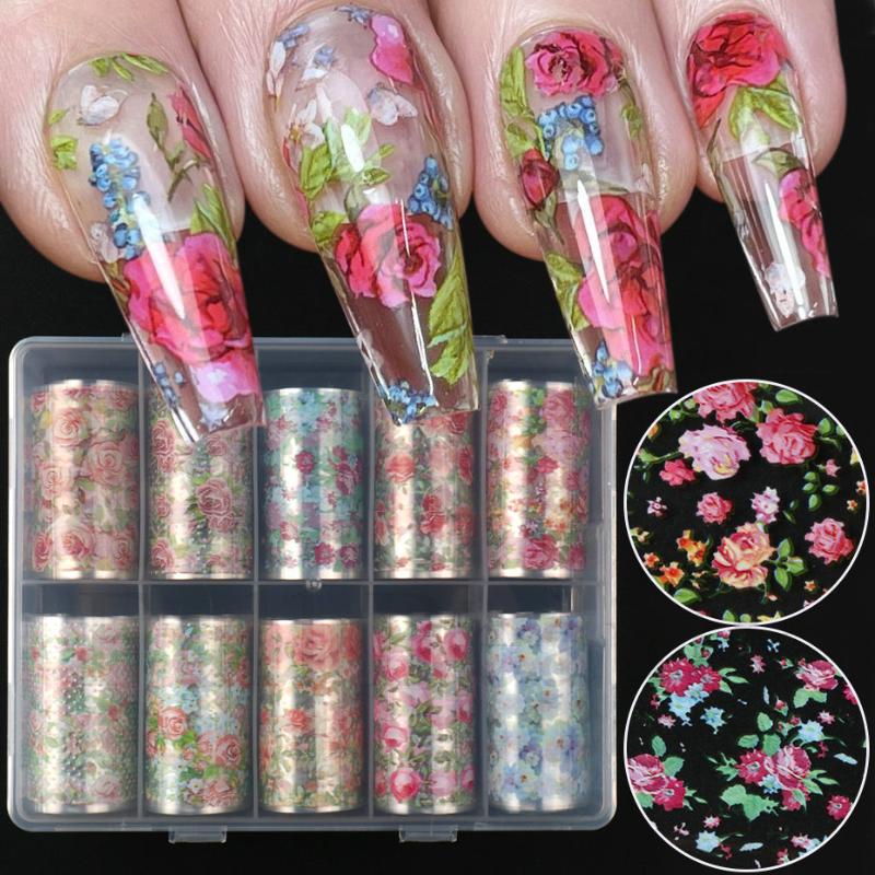 10 Rolls Flower Rose Nail Foils For Transfer Paper Floral Sliders Butterfly Nail Art Stickers Decal Nail Art Decorations