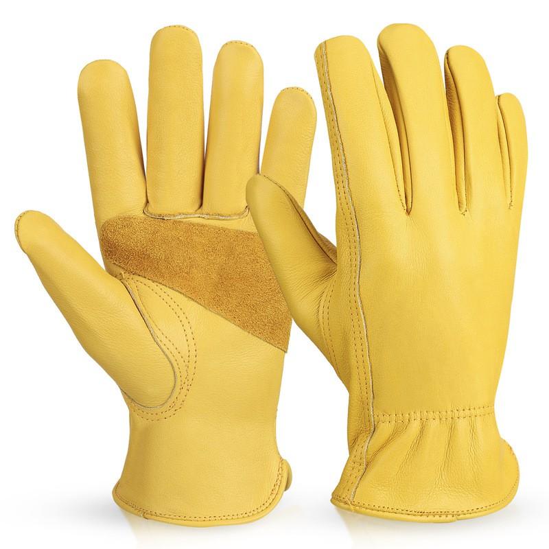 Heavy Duty Leather Garden Gloves Farming Gardening Construction Mechanic Work Anti-Slip Puncture Resistant Wear Yellow S