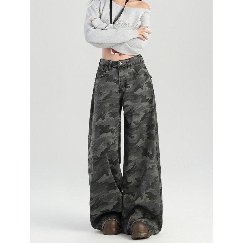 American High Street Parka Camouflage Denim Women's Small Retro Loose Loose Pants Students Slimming Straight-leg Pants