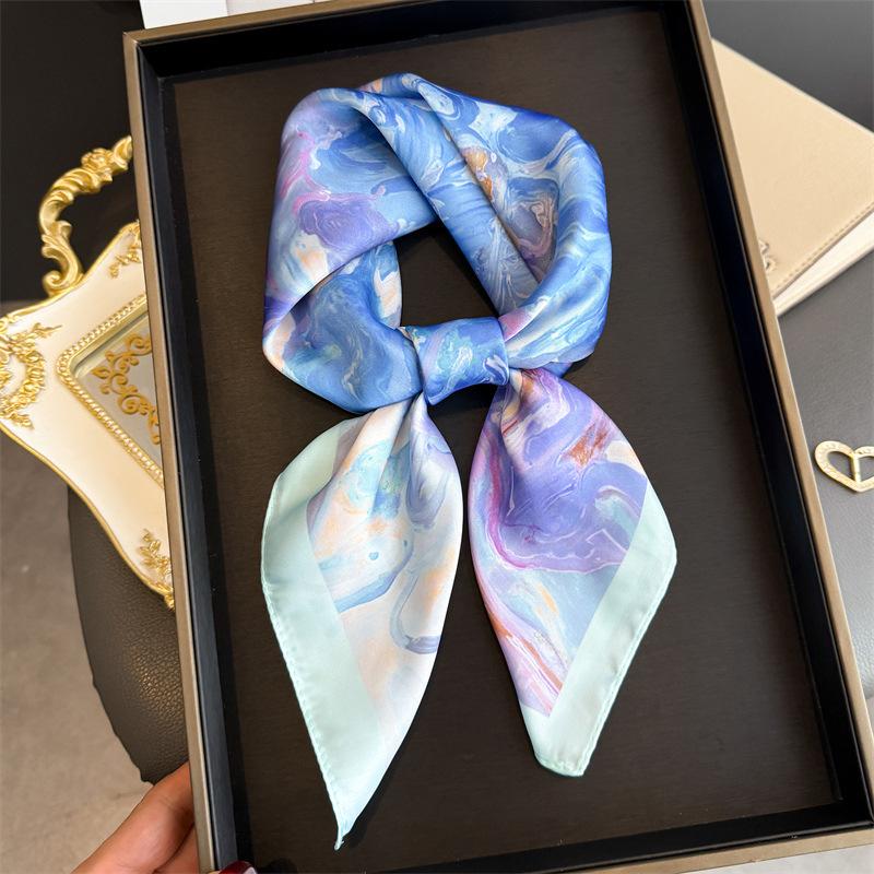 

70cm Fashion Silk Square Scarf for Women Elegant Flower Printed Neckerchief Sunscreen Shawl Hijab Commute Bandana and Bag Ribbon 70X70 CM