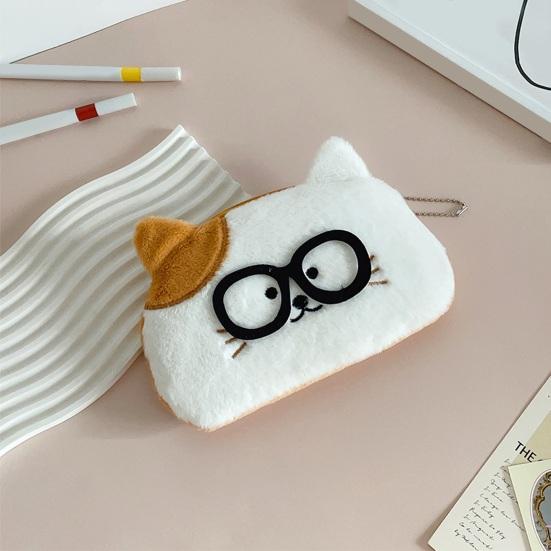 Cute Animal Pen Bag Kids Plush Cat Dog Pencil Pouch Stuffed Animal Wearing Glasses Zippered Stationery Bag for School Students Girls And Boys
