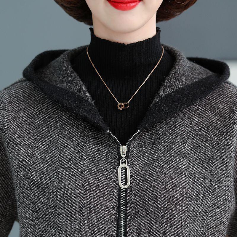 Middle Age Women Hooded Cardigan Spring Autumn Casual Coat Mom Long Sleeve Warm Wool Jacket Outerwear