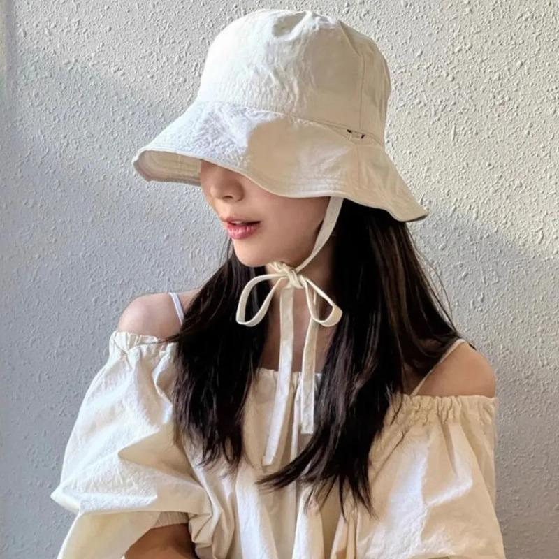 Fashion Solid Color Sunscreen Bucket Hat Breathable Thin Fisherman Hat Wide Brim Lace-up Sun Hat Beach Travel Basin Hats Korean