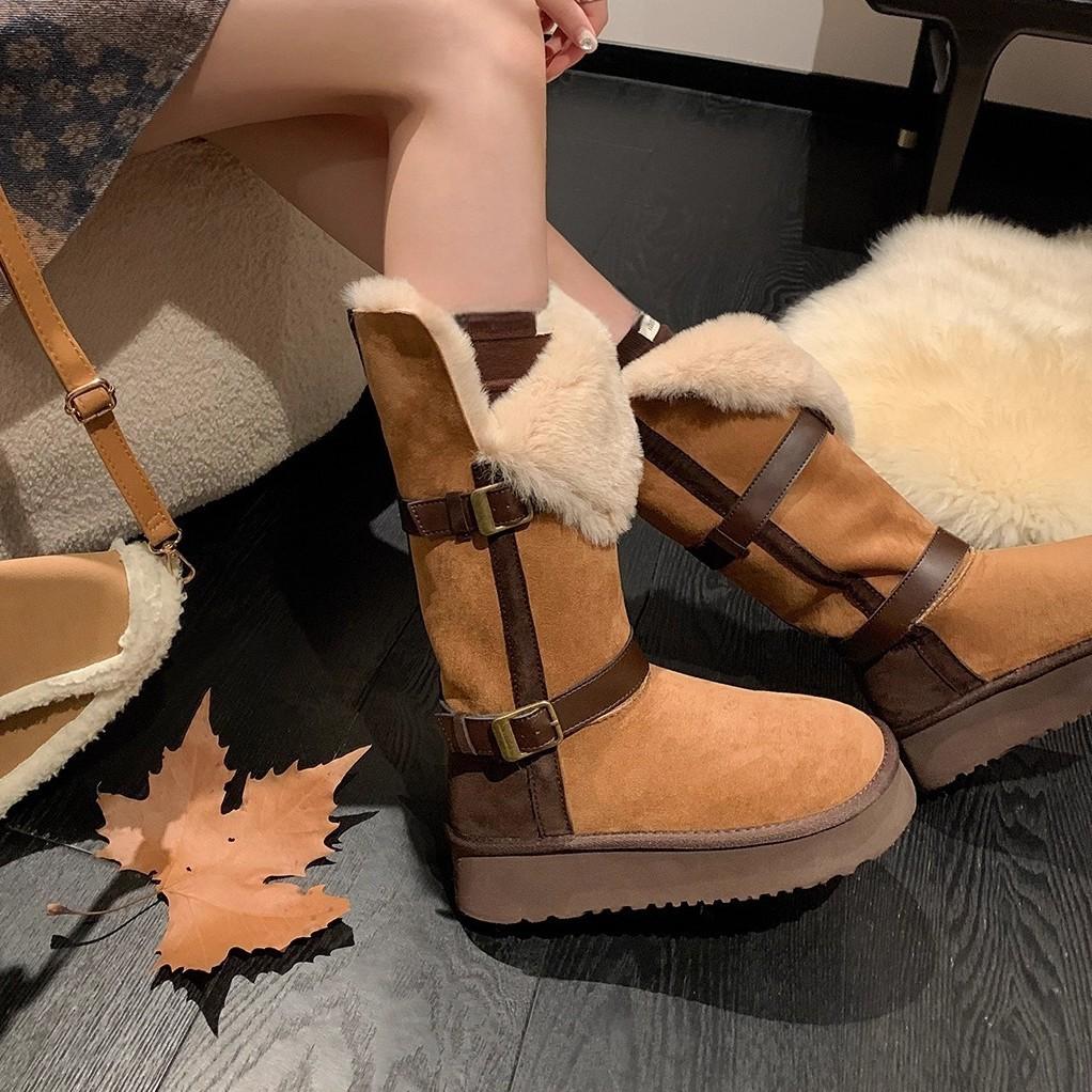 Thick Bottom Plush Winter Boots Women's Fleece Lined Long Tube Shoes Fashionable Buckle Warm Cotton Snow Boots Casual Style