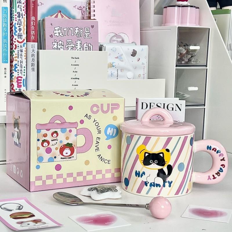 Cute cute pet cat mug girls high-value ceramic cup with lid girls girlfriends practical birthday gift