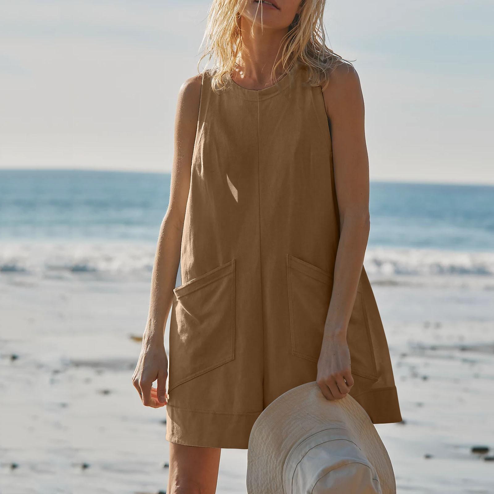 

Негабаритные комбинезоны для женщин, повседневный широкий комбинезон-капри без рукавов с карманами XXL коричневый