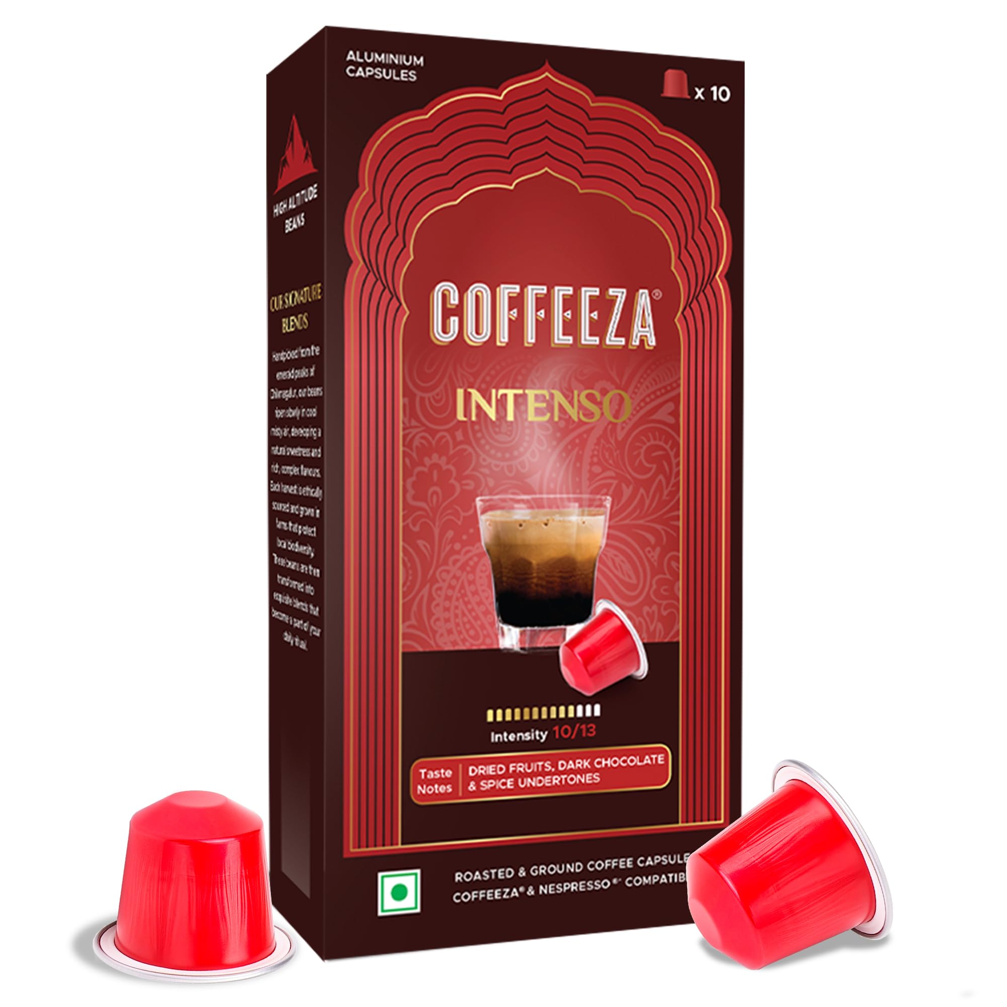 Coffeeza Intenso Aluminium Coffee Capsules, Intensity - 10, Nespresso Compatible Coffee Pods | Box of 1 (10 Capsules) | Brew Cold/Hot