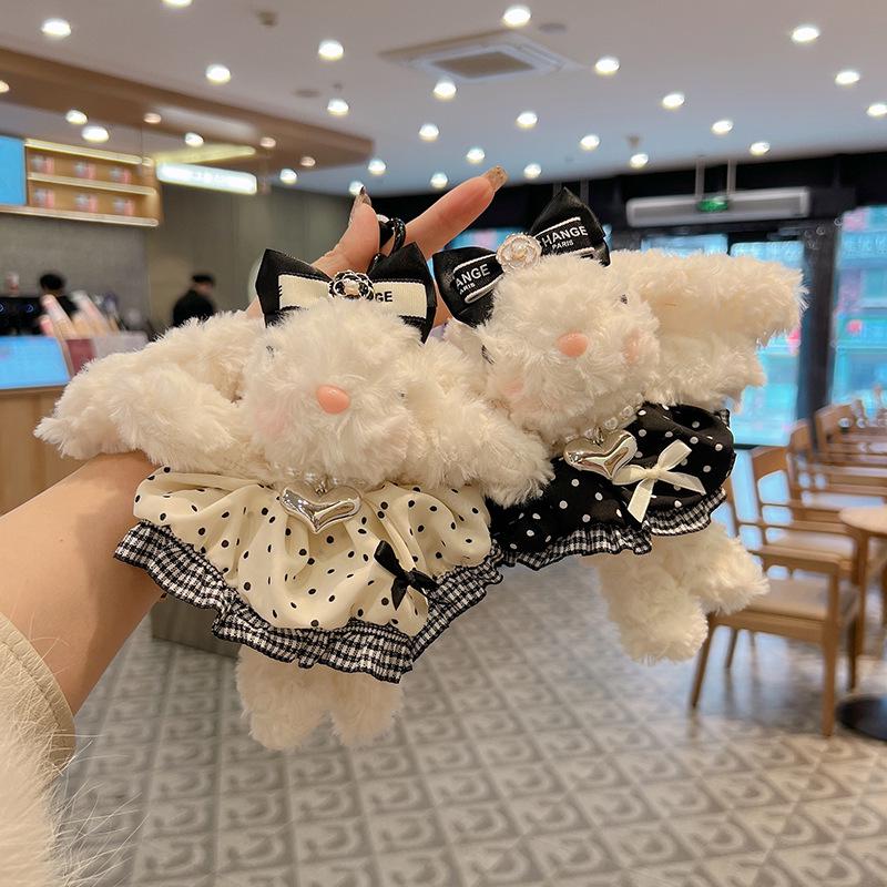 Polka Dot Plush Bunny Keychain: Cute Lop-Eared Hair Tie, Skirt Rabbit Backpack Charm.