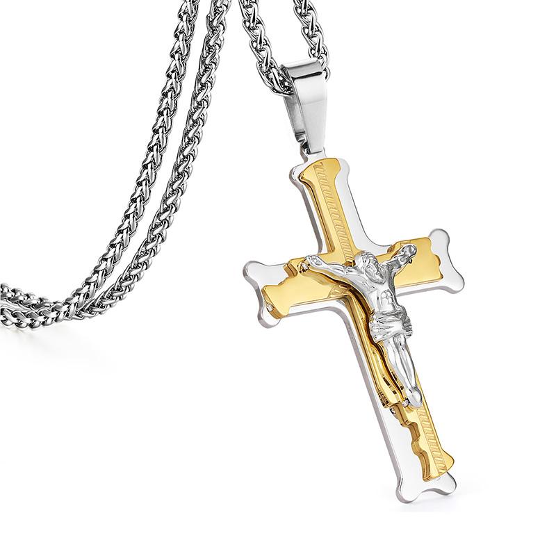 Bible Silver Color Jesus Cross Stainless Steel Pendants Necklaces Byzantine Long Chain Necklace for Men Jewelry Colar Collier