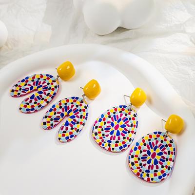 Colorful Geometric Elliptical Acrylic Earrings, Cartoon Collision Design U-shaped Earrings