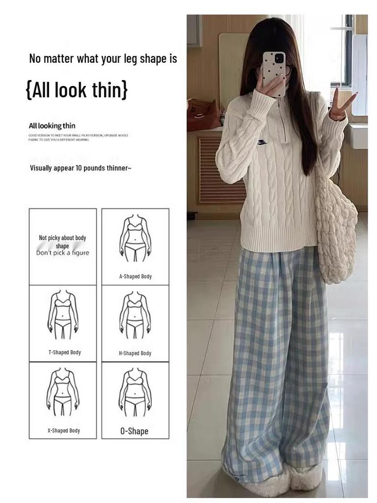 Women's Blue Plaid High-Waisted Loose-Fit Yamamoto Pants - Petite, Casual Wide-Leg, Spring/Autumn 2025 Collection.