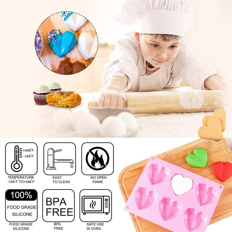 6-Cavity Diamond Heart Silicone Mold for Baking Non-Stick Valentines Day Chocolate Bomb Mold Heart Shaped Candy Soap Tray