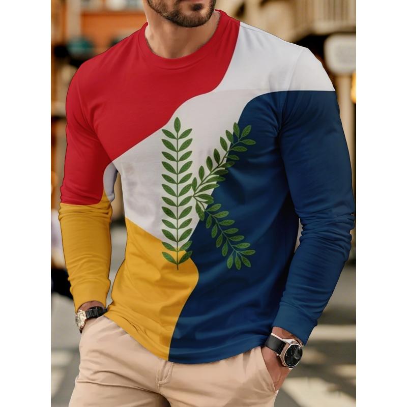 3D Color Block & Geometric Pattern Printed Short Sleeved Men's T-shirts - Soft Medium Stretch Polyester Fabric Spring and Autumn Relaxed Fit Clothing