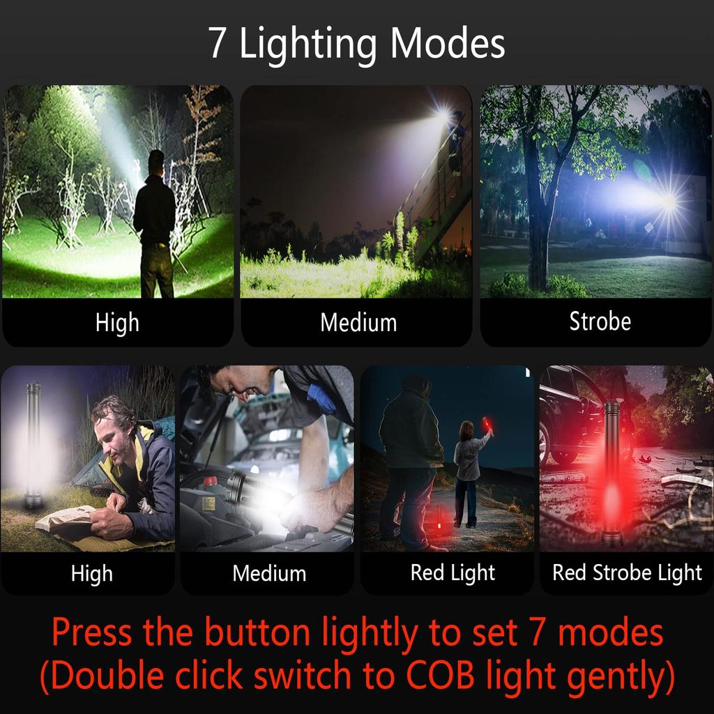 Rechargeable LED Flashlight 90000 Lumens Super Bright Torch with COB Work Light 7 Modes Zoomable High Power Waterproof for Camping Emergency