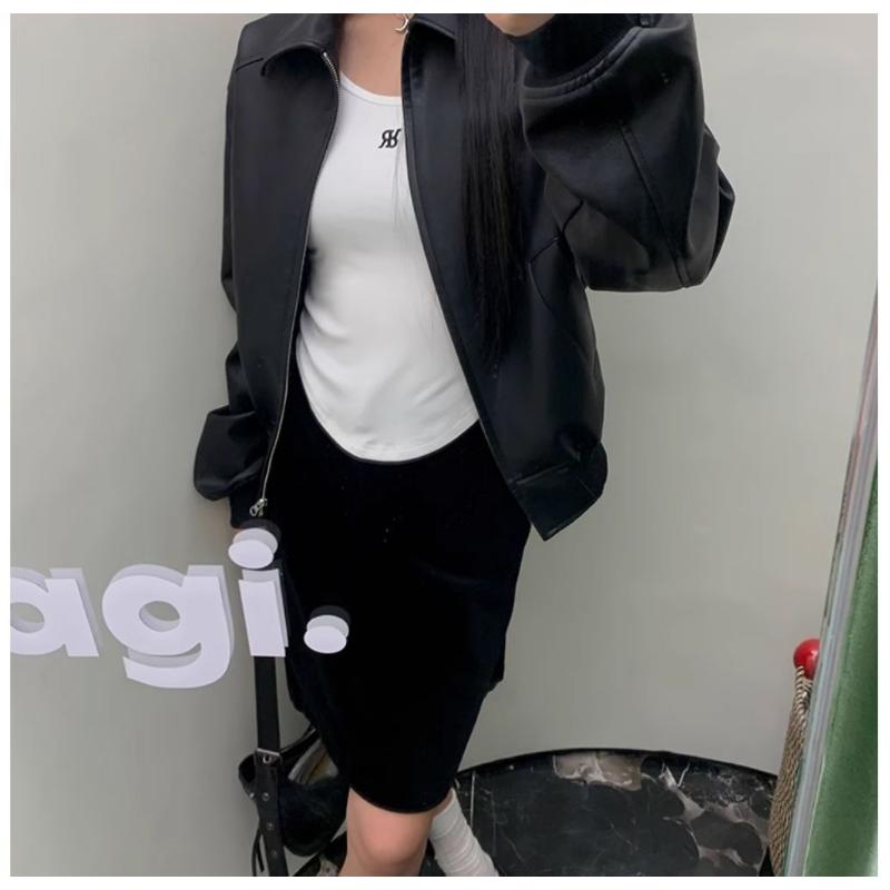Leather Jacket Women's New Loose High-grade Zipper Short Retro Motorcycle Top