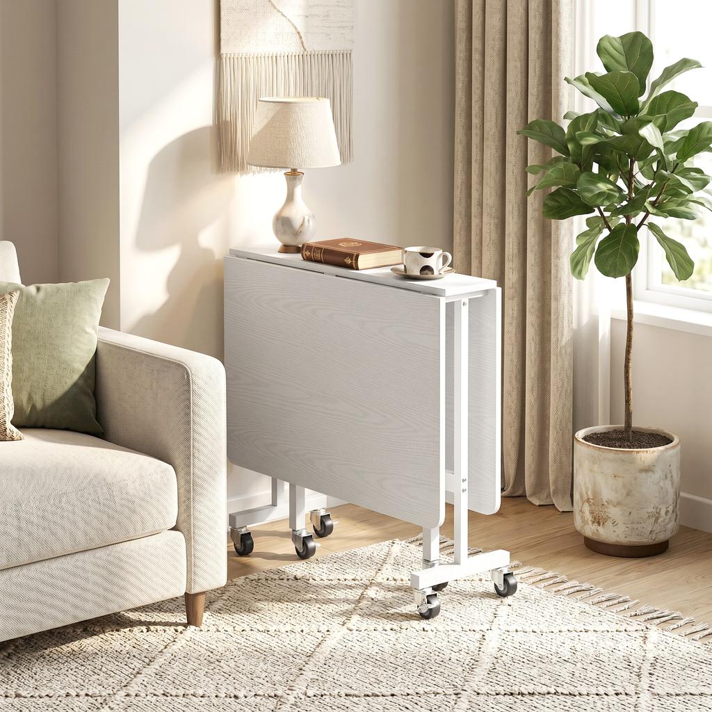 Folding Dining Table on Wheels, 4-6 People, 120 cm, Braked Wheels, 2 Drop Leaves, Industrial, White