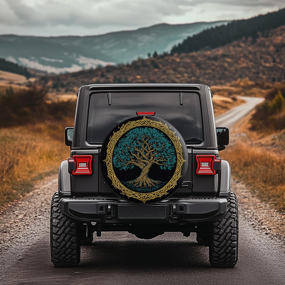 Tree of Life Tire Cover, Black with Golden Celtic Patterns, Mysterious Ancient Design, Fits Most Cars, SUVs, and Trucks, Outdoor Vehicle Tire Protecto