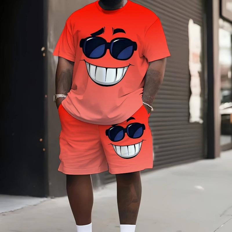 

2025 New Men s Plus Size 3D Printed Street Cool Cartoon Theme Casual Red Gradient Round Neck Short Sleeve Shorts Set, Plus Size 5XL