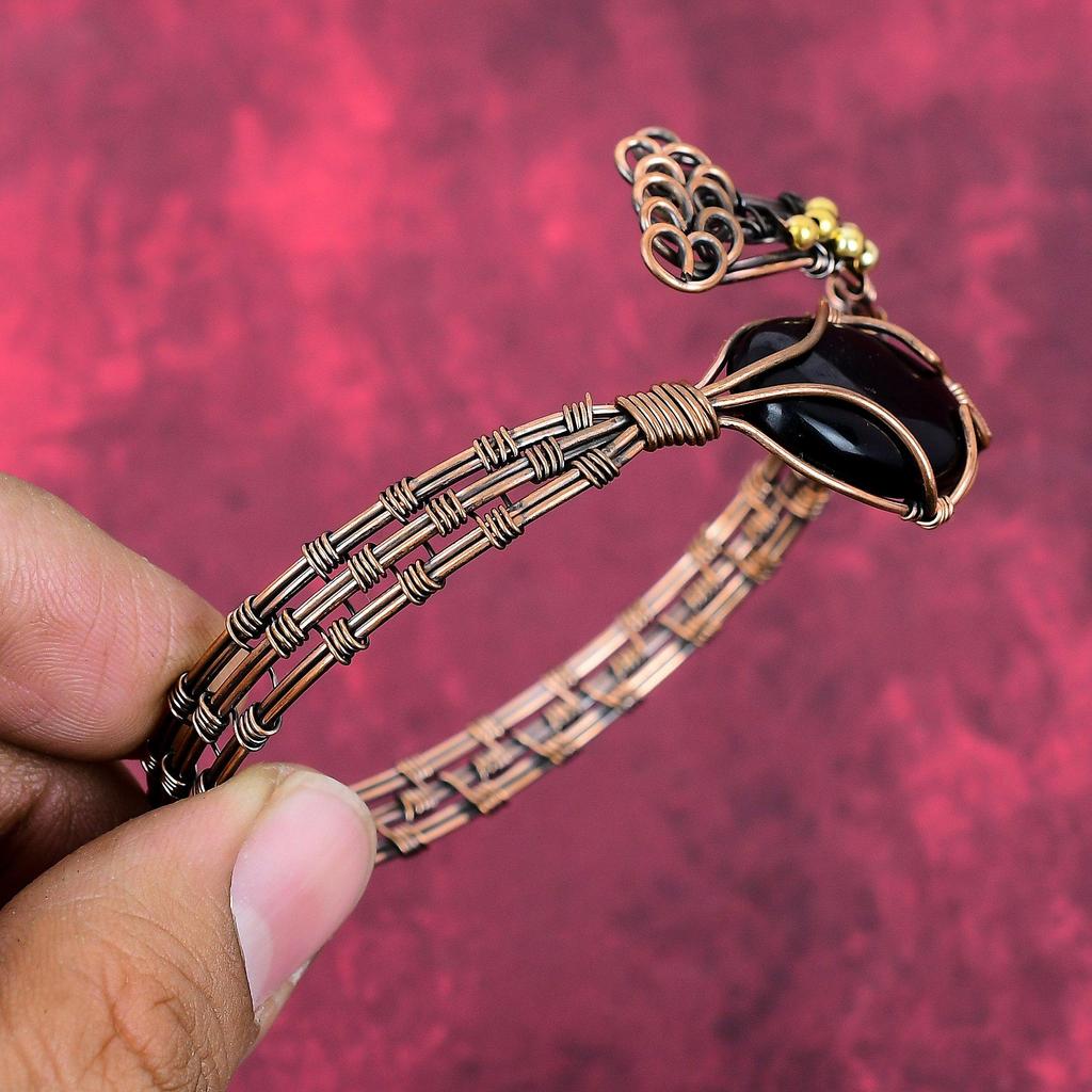 Black onyx bangle copper wire wrapped adjustable cuff bracelet copper jewelry handmade gemstone bangle wire wrapped jewelry engagement gifts