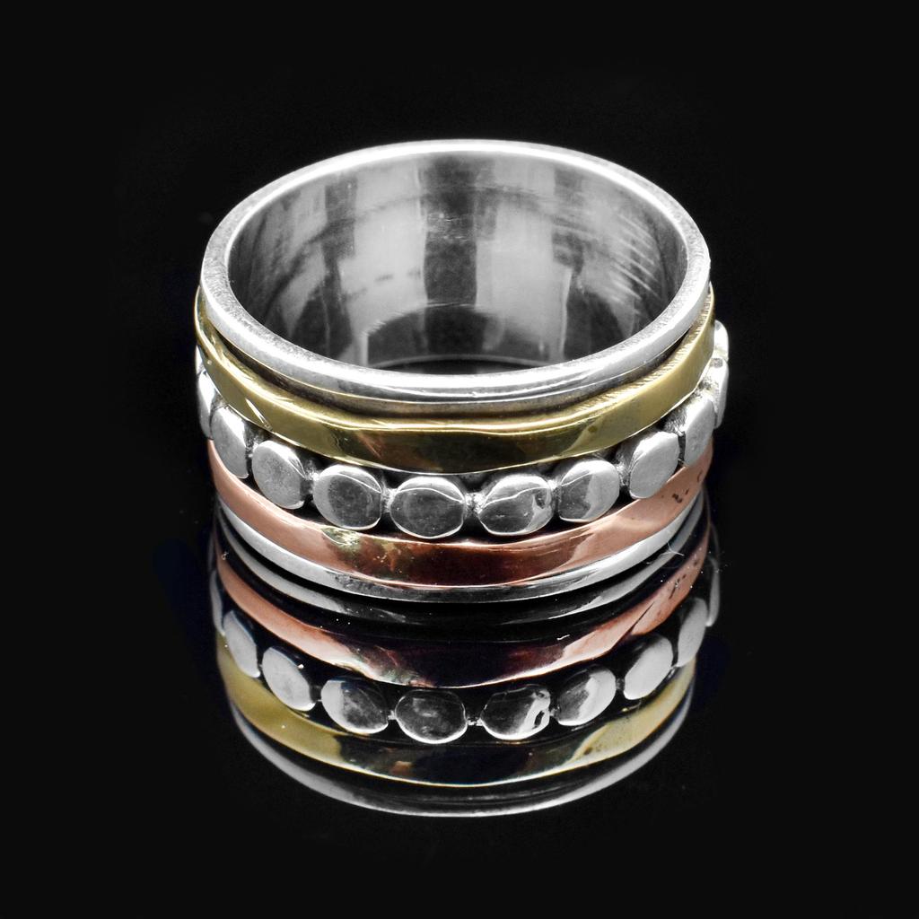 Clarity Meditation Spinning Ring With 2 Brass And 1 Solid 925 Sterling Silver Hammered Pattern Spinners Designed Energy Band Ring For Unisex