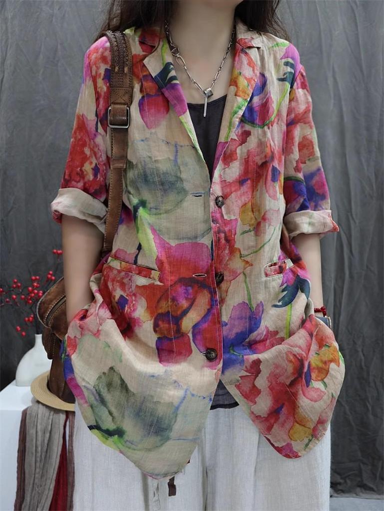 2026 New Style Women's Cotton-Linen Retro Printed Loose-Fit Casual Long Sleeve Suit