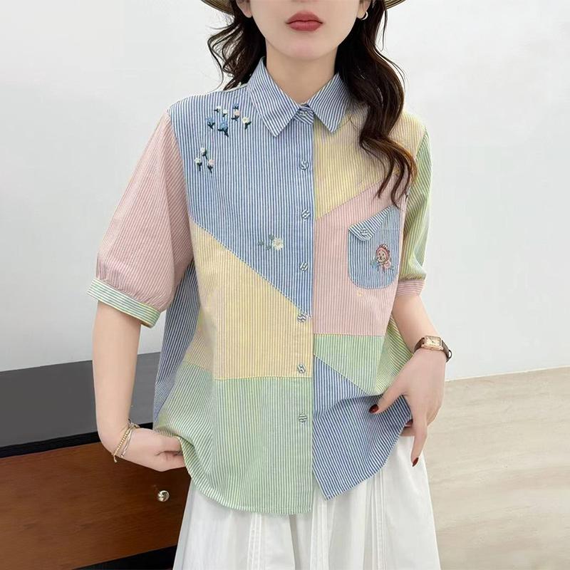 ZANZEA Women Casual Turn Down Collar Stripe Print Loose Short Sleeve Blouse M