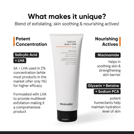 Minimalist Gel Douche Corps 2% Acide Salicylique + LHA | Pour Acné Corporelle, Peau Inégale, Rugueuse et Bosselée | Sulfate (SLS), Sans colorant ni parfum | 200 ml